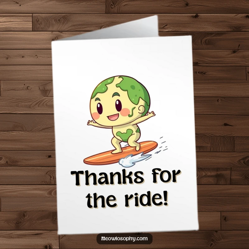Funny Free Printable Thank You Card: Anthropomorphic Earth character playfully surfing on a gentle breeze, conveying thanks.