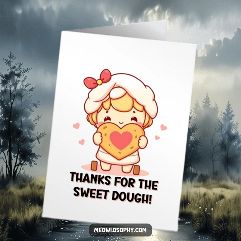 Funny Free Printable Thank You Card: Kawaii character happy about baking a small, heart-shaped loaf of bread, saying thank you.
