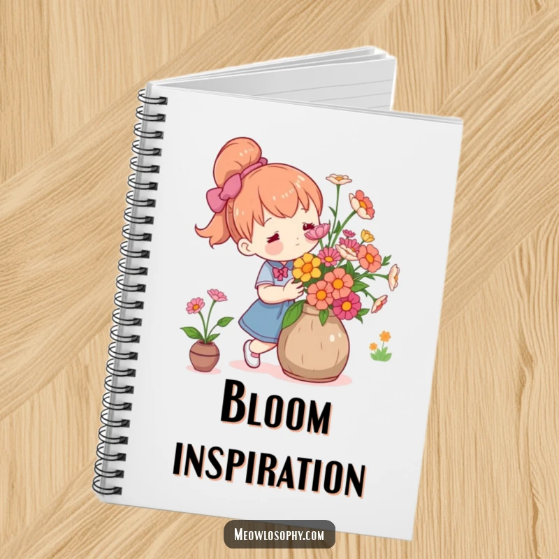 Funny cute character arranging fresh flowers in a rustic vase with care, on the cover of a cute notebook.
