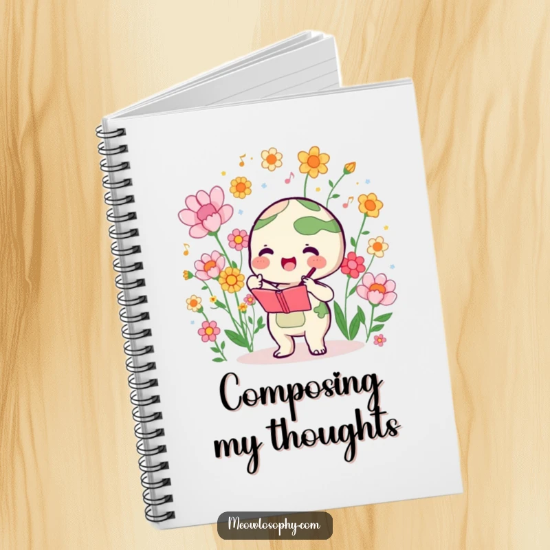 Funny notebook with a cute earth character conducting a symphony of blooming flowers, perfect for journaling or notes.