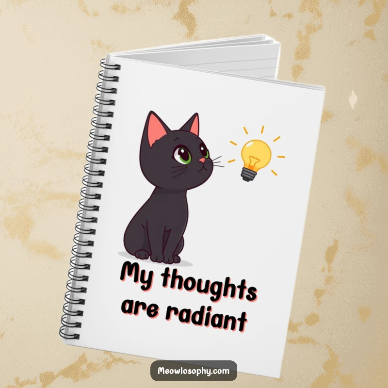 Funny black cat notebook, cat gaze at lightbulb icon, encouraging creative thoughts and ideas, humorous stationery, perfect gift.