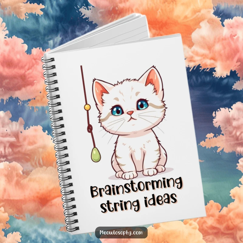 Funny curious kitten notebook, featuring a thoughtful cat batting a dangling string, perfect for note-taking and creative expression.