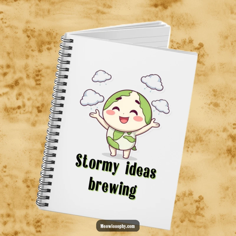 Funny notebook with a smiling earth character juggling tiny storm clouds with a playful wink, perfect for journaling or notes.