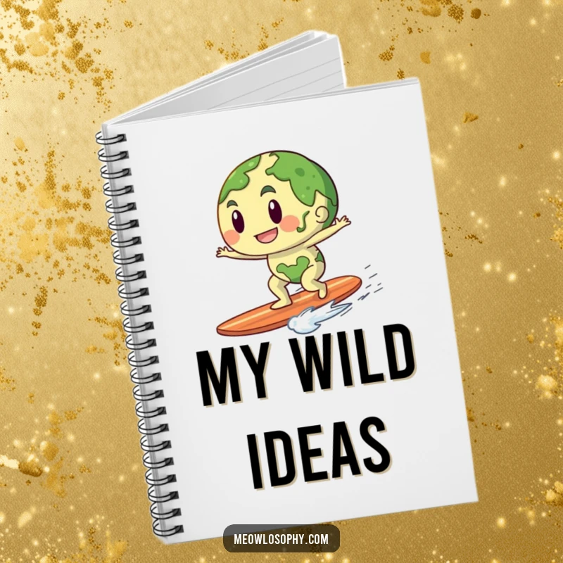 Funny notebook with an anthropomorphic earth character playfully riding a gentle breeze like a surfboard, perfect for journaling.