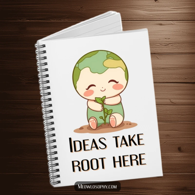 Cute Earth character sharing a gentle hug with a tiny seedling on the cover of a notebook, perfect for journaling growth.