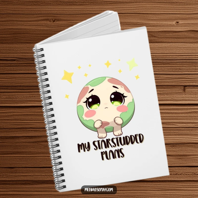 Funny Earth character with wide, sparkling eyes looking up at shooting stars on the cover of a notebook, perfect for journaling dreams.