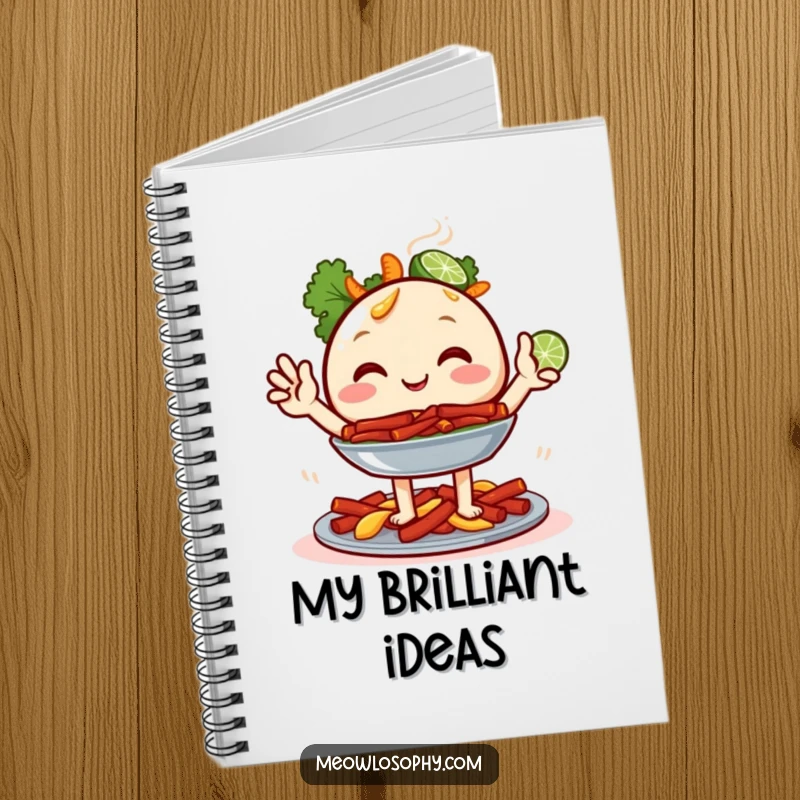 Funny Fajita Platter Notebook with a joyful food character and two tiny lime wedges waving, great for jotting down recipes and ideas.