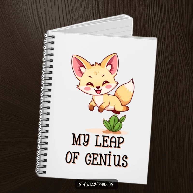 Funny Fennec fox notebook featuring a happy fennec fox leaping over a small cactus, ideal for jotting down desert adventures.