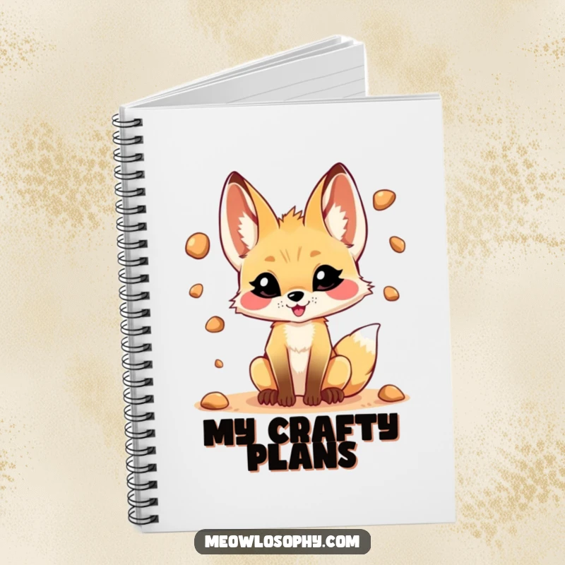 Funny notebook with a mischievous fennec fox character juggling desert pebbles, perfect for writing down ideas and playful notes.