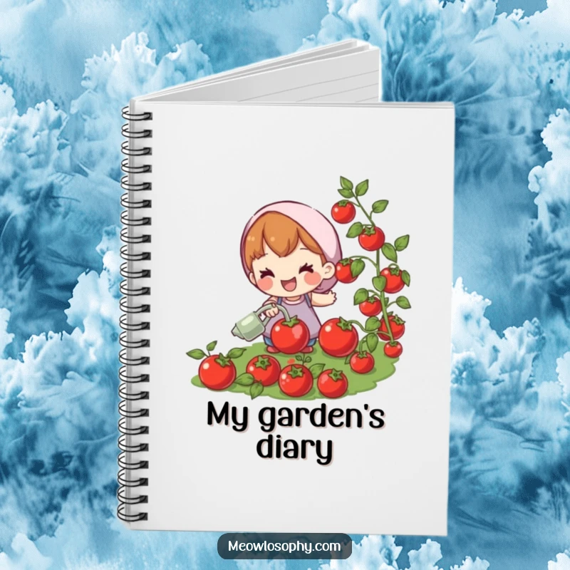 Funny notebook featuring a joyful character watering plump, red tomatoes. Ideal for garden notes and planning.