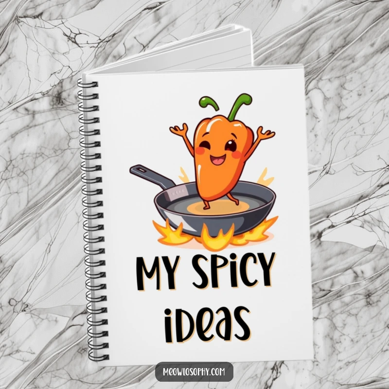 Funny grilled pepper character smiling and dancing on a sizzling skillet, on the cover of a humorous food journal.