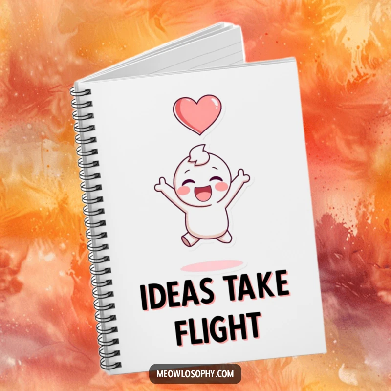 Funny notebook featuring an adorable character leaping with glee, a heart above, perfect for jotting down joyful thoughts and funny notes.