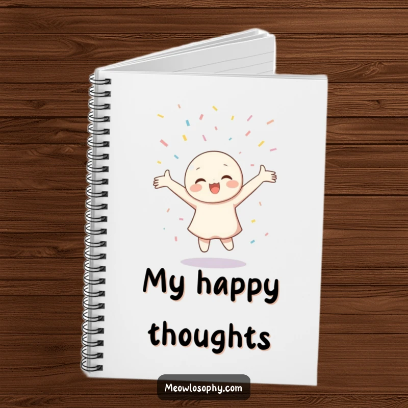 Funny Notebook with a character joyfully twirling amid a gentle, festive confetti shower, perfect for creative notes.