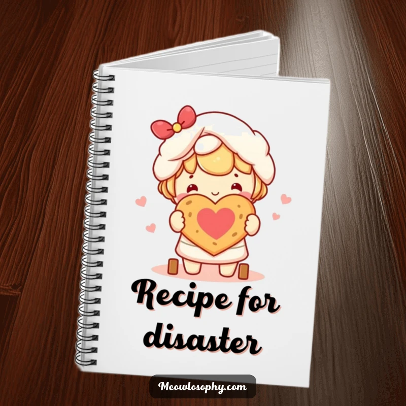 Funny kawaii character joyfully baking a small heart-shaped bread loaf, on the cover of a cute notebook.