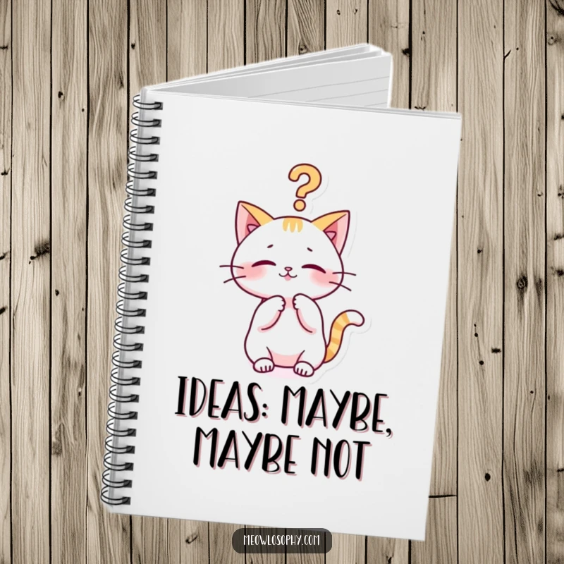 Funny kawaii cat notebook with a cute character playfully batting at a philosophical question mark, humorous stationery for journaling.