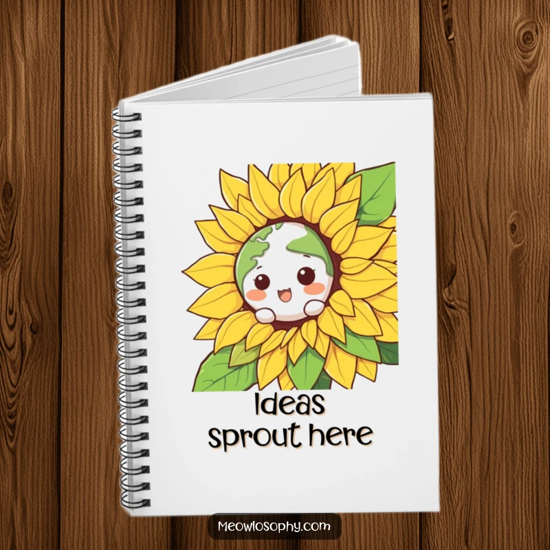 Funny Kawaii Earth character peeking from a smiling sunflower on the cover of a notebook, perfect for humorous note-taking.