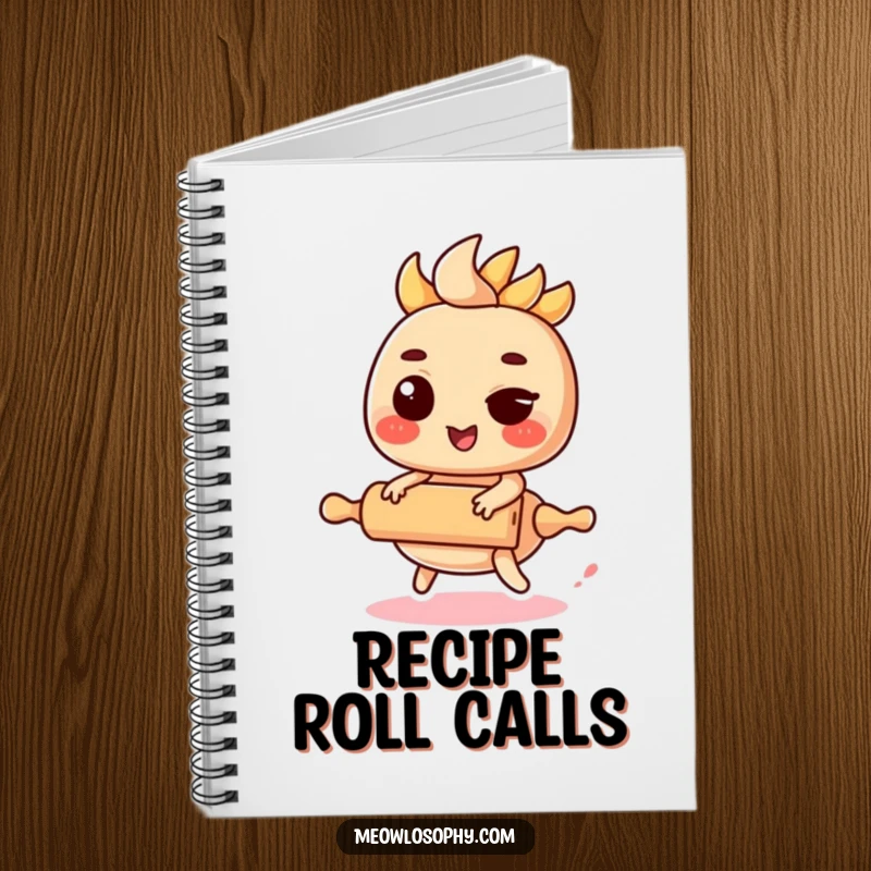 Funny Kawaii Fajita Notebook featuring a winking fajita filling riding a miniature rolling pin, ideal for writing.