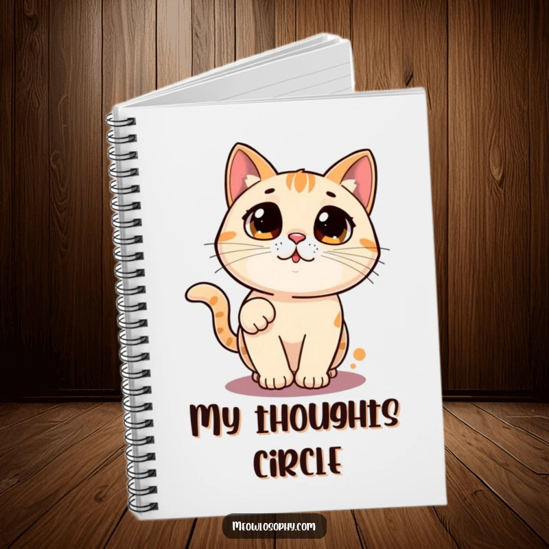 Funny cat notebook with a wide-eyed character chasing a laser pointer dot in a circle, humorous stationery for journaling.