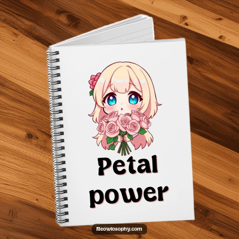 Funny notebook with a cover depicting a character in comical surprise holding a bouquet of sparkly roses, ideal for humorous journaling.