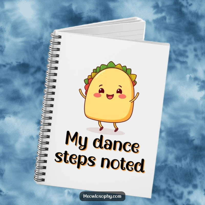 Funny Notebook with a smiling taco character with legs doing a happy shuffle dance, ideal for jotting down notes with culinary flair.