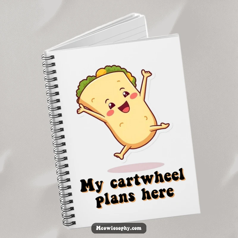 Funny Notebook with an anthropomorphic tortilla character doing a happy cartwheel with flourish, ideal for jotting down notes with culinary flair.