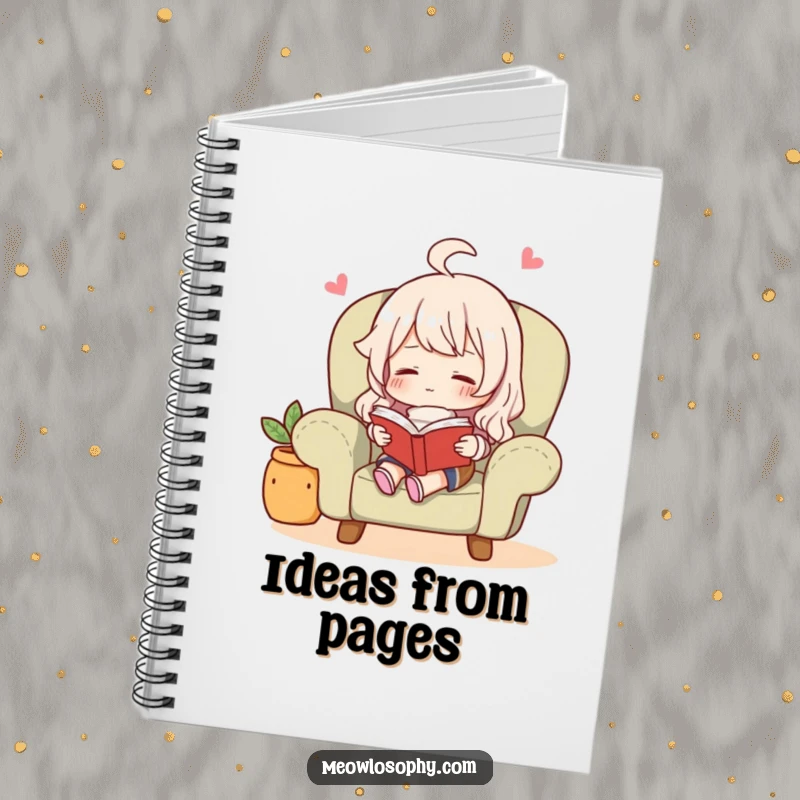 Funny character relaxing in a cozy armchair and reading a book, featured on the cover of a cute notebook.