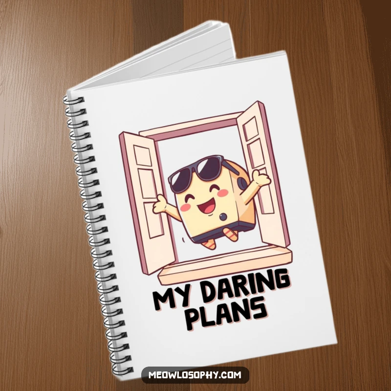 Funny toaster with sunglasses dramatically jumping out of a window on the cover of a notebook, ideal for jotting down adventurous ideas.