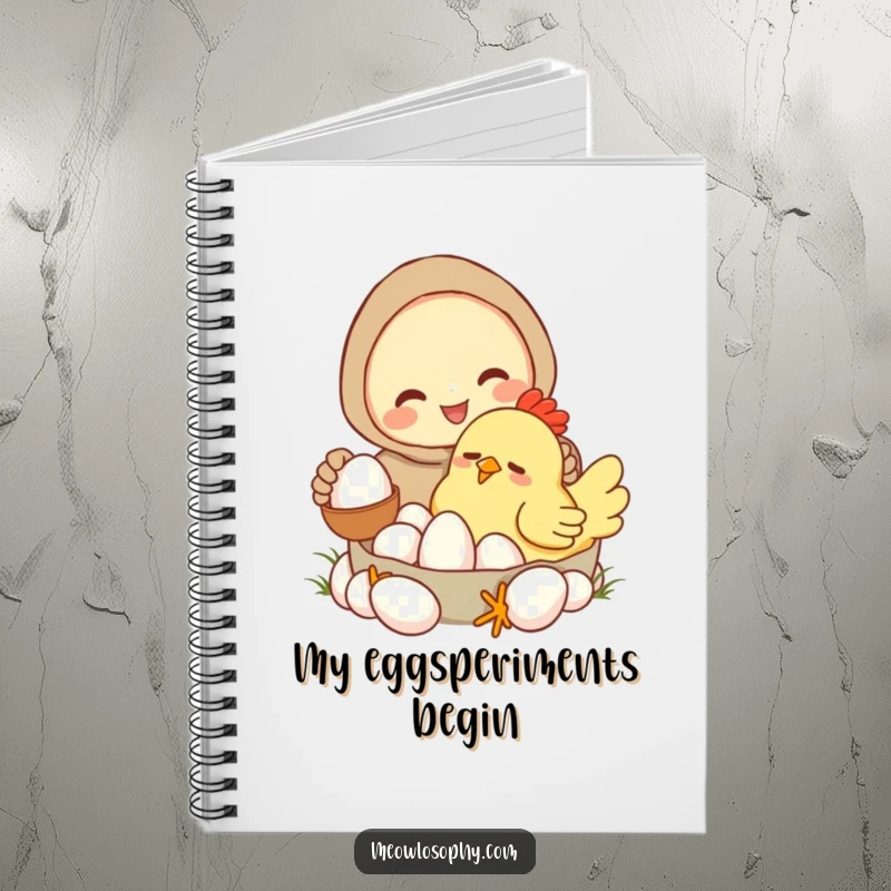Funny notebook with a character collecting eggs from a very sleepy, cartoonish chicken. Great for journaling and farm-themed notes.