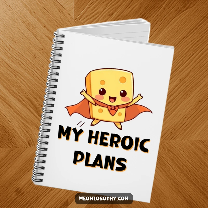 Funny notebook cover of a piece of cheese wearing a superhero cape, comically attempting to fly.