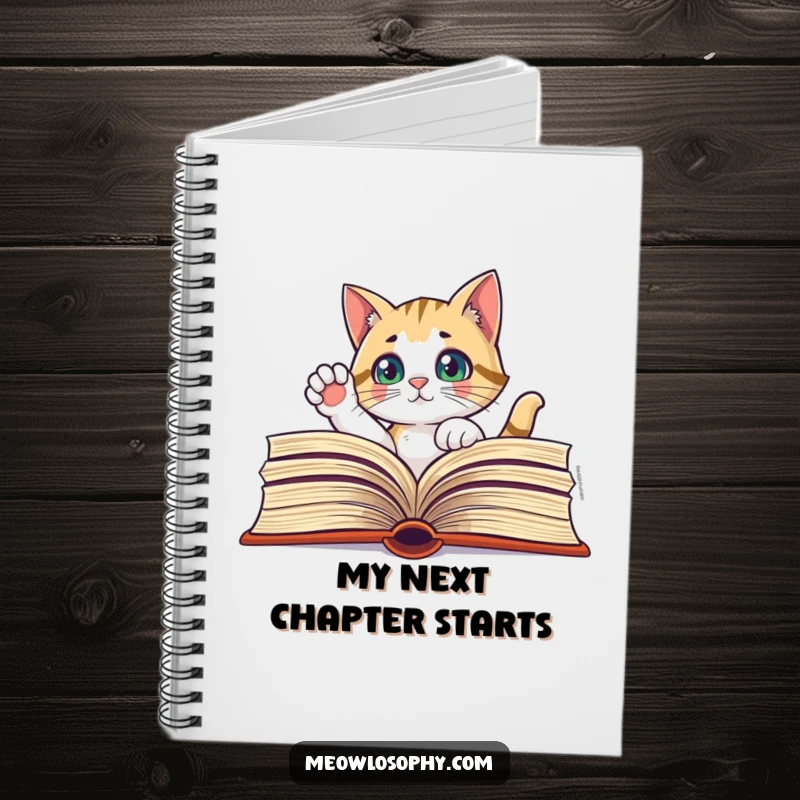 Funny notebook with a curious cat peeking through a book, paw raised, great for notes and ideas.