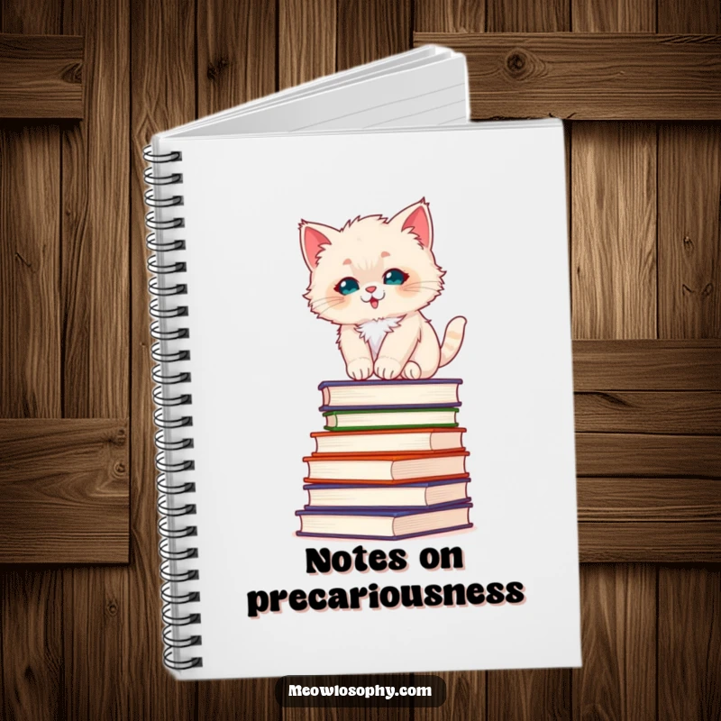 Funny fluffy kitten notebook, featuring a kitten balancing on philosophy books, ideal for journaling and deep thought.