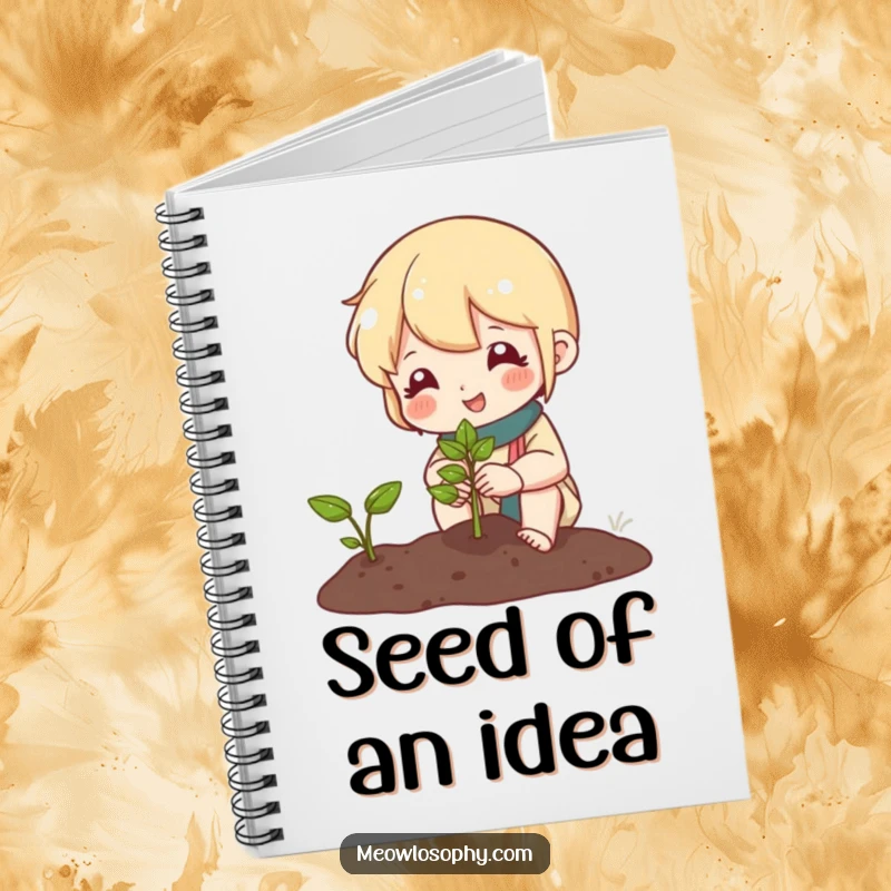 Funny notebook with a cover showing a cute character tending a miniature garden and smiling at a sprout, ideal for garden notes or daily journaling.