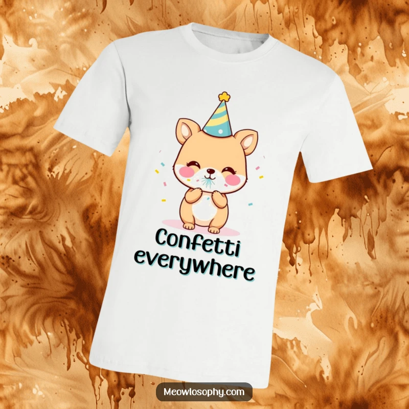 Funny Party Animal T-Shirt with a cute character wearing a party hat and blowing a confetti popper. Hilarious and festive apparel.
