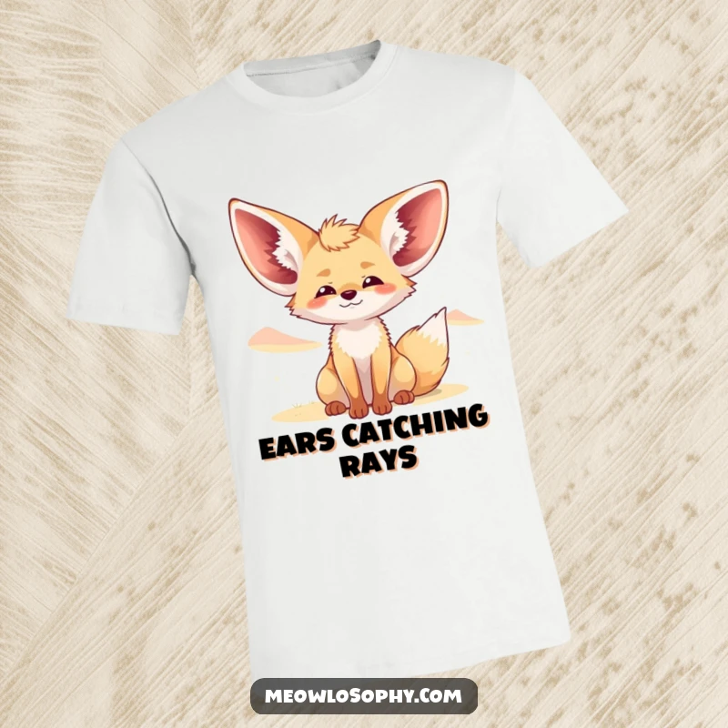 Funny Fennec Fox T-Shirt features a cute fox with ears spread like sails, basking in a gentle, cooling desert wind.