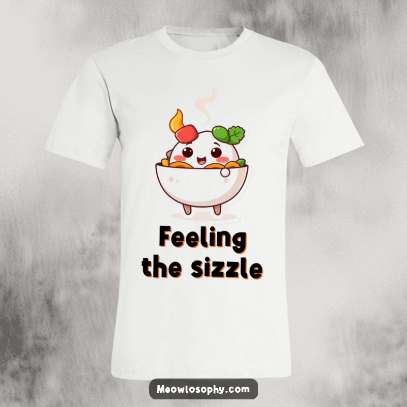 Funny cute fajita bowl character doing a happy wiggle with steam, printed on a humorous, food-themed t-shirt.
