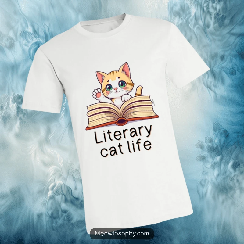 Funny t-shirt featuring a curious cat peering through a giant open book, one paw raised in contemplation.