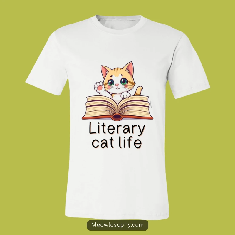 Funny Curious Cat Book T-Shirt - Thoughtful Paw, Literary Tee