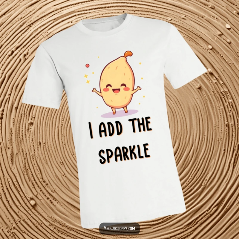 Funny T-Shirt depicting a smiling fajita spice character playfully sprinkling shimmering sparkles in the air, full of culinary enchantment.