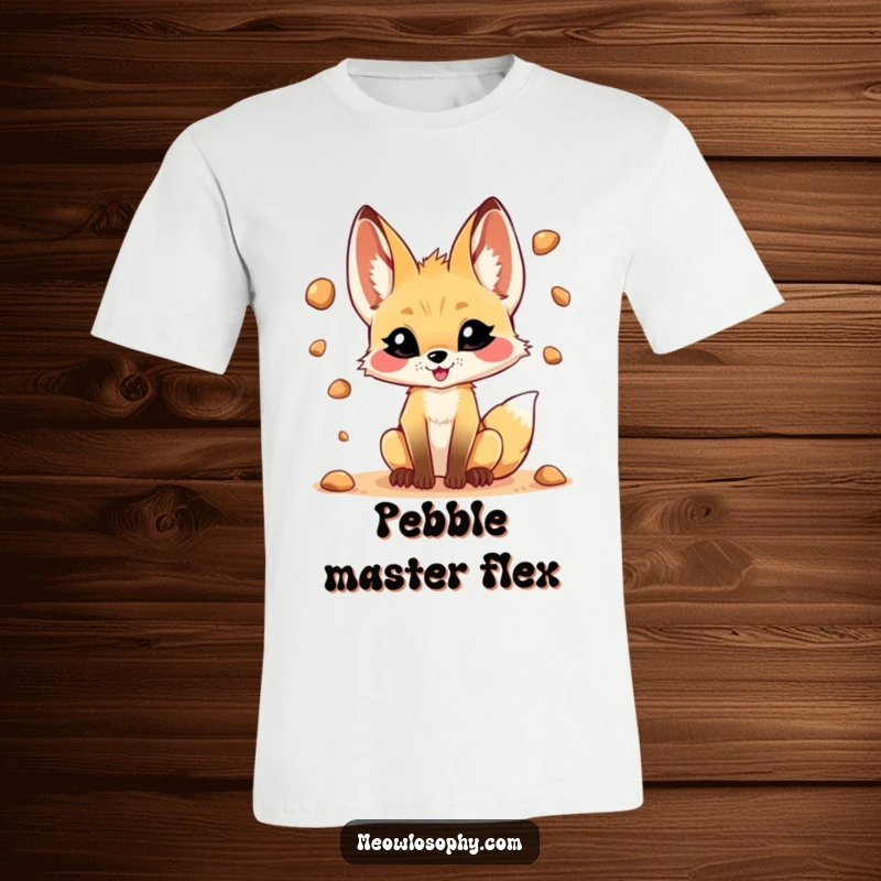 Funny t-shirt depicting a mischievous fennec fox juggling desert pebbles with a grin, capturing a playful and skillful moment.