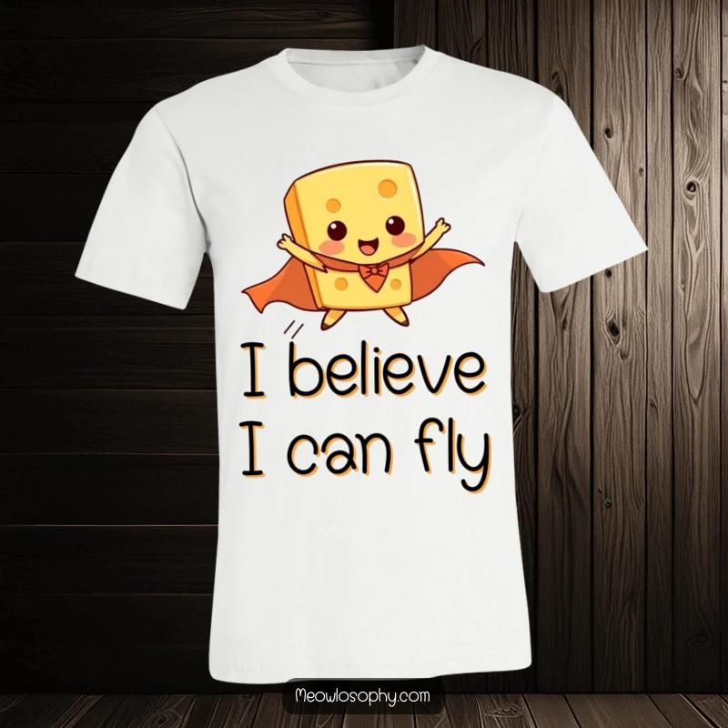 Funny t-shirt graphic of a piece of cheese in a superhero cape, comically attempting flight with cape billowing.