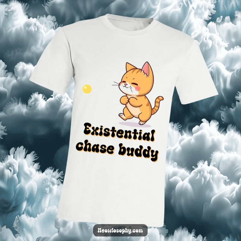 Funny t-shirt featuring a ginger cat in hot pursuit of a laser dot shaped like a classic philosophical symbol.
