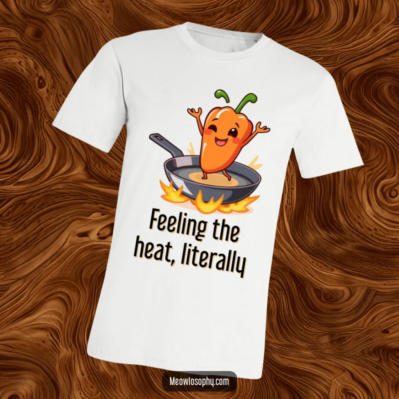 Funny grilled pepper smiling and dancing on a sizzling skillet, printed on a humorous, food-themed t-shirt.