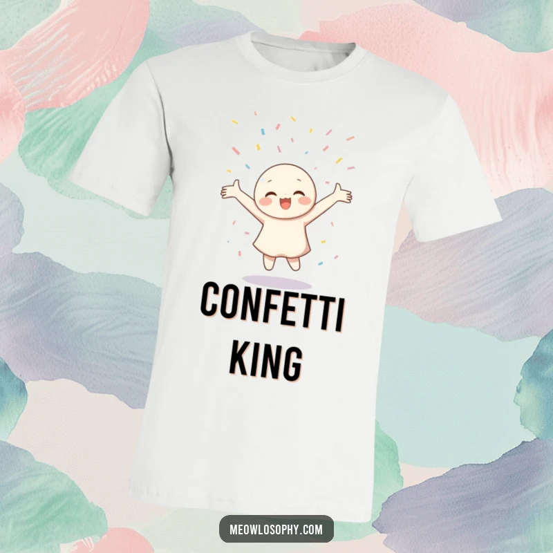Funny T-Shirt featuring an ecstatic character twirling energetically with arms outstretched under a delightful confetti cascade.