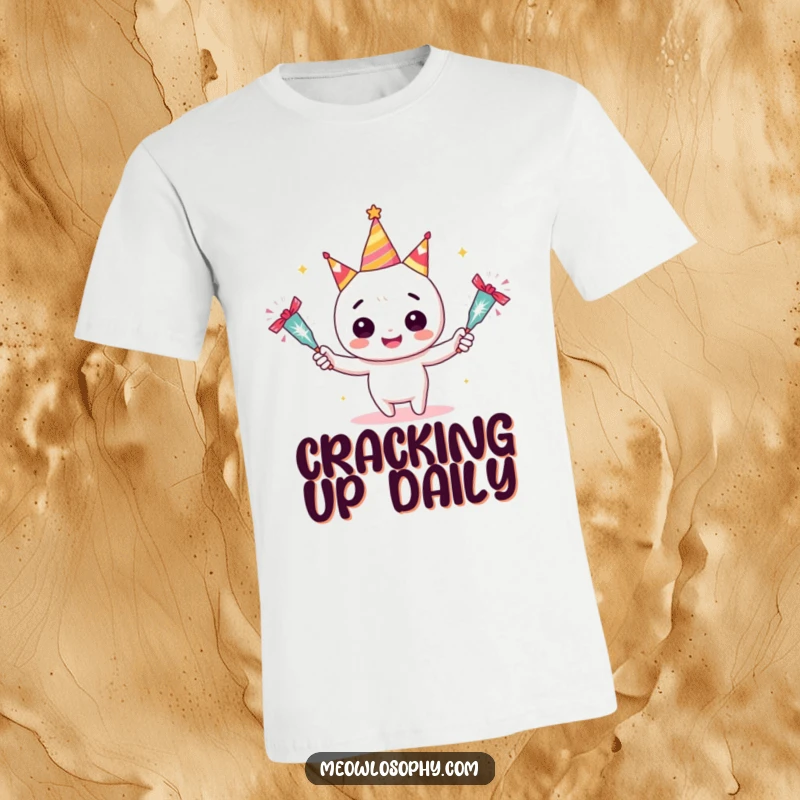 Funny Adorable Juggler T-Shirt depicting a character grinning while juggling sparkling party crackers. A humorous and festive graphic tee.