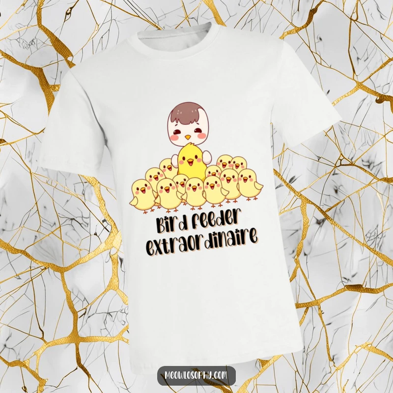 Funny kawaii t-shirt of a character feeding cheerful, plump birds. Cute and humorous apparel for bird lovers.