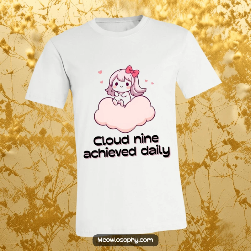 Funny T-shirt showing a kawaii character joyfully riding on a heart-shaped cloud, radiating happiness and carefree spirit.