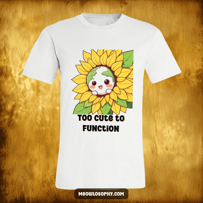 Funny Kawaii Earth character peeking from a giant, smiling sunflower, printed on a soft t-shirt, celebrating nature with humor.