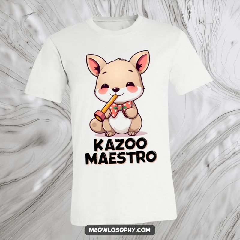 Funny T-Shirt showcasing a charming animal in a bowtie, enthusiastically playing a small kazoo, radiating musical joy.