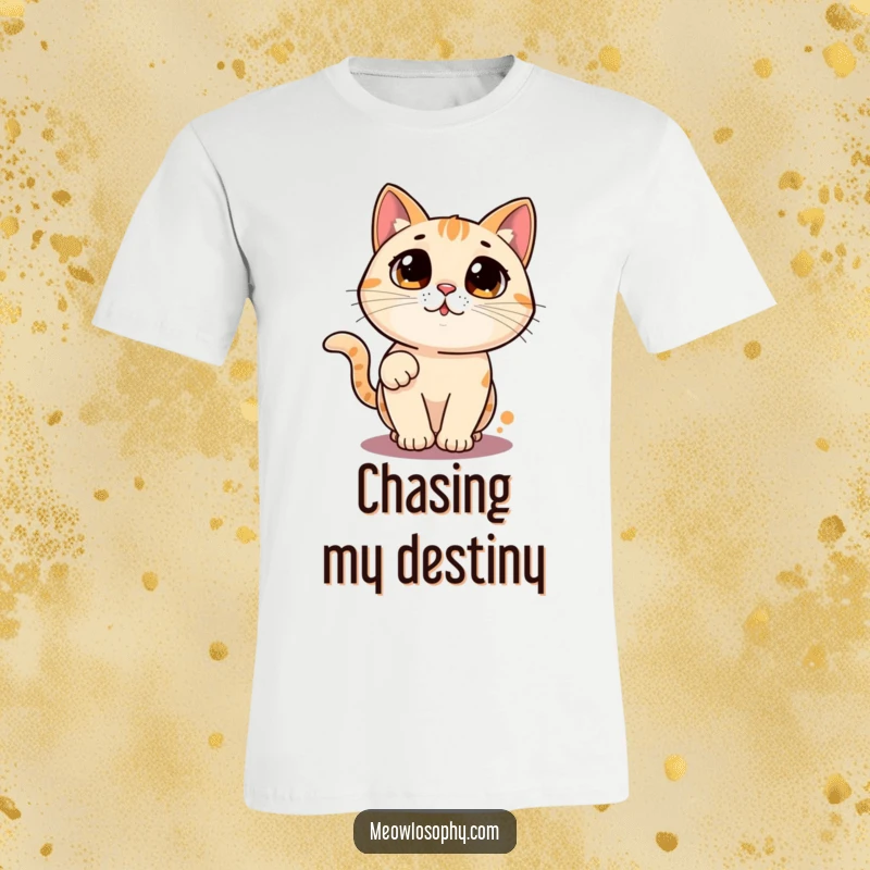 Funny cat t-shirt with a wide-eyed character chasing a laser pointer dot in a circle, humorous apparel for cat enthusiasts.