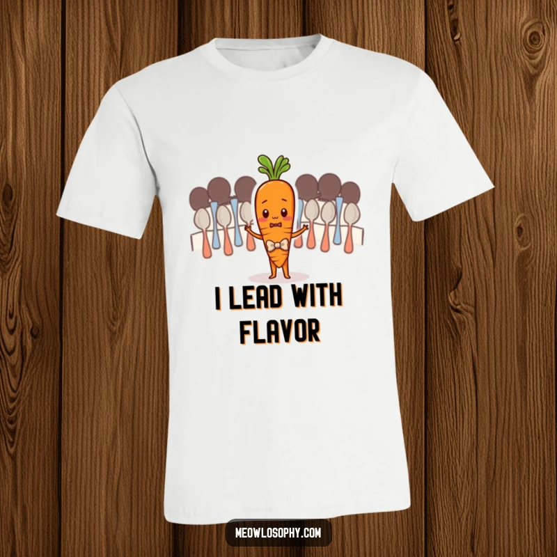 Funny t-shirt featuring a shy carrot in a bowtie attempting to conduct a chaotic spoon orchestra, exuding earnest but comical determination.